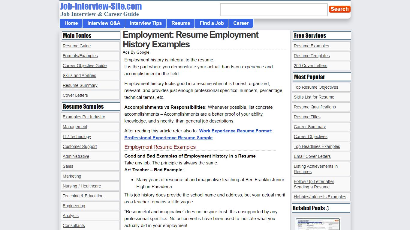 Employment: Resume Employment History Examples - Job Interview & Career ...